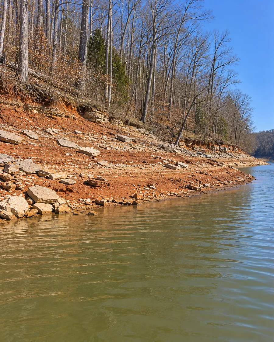 A lake shoreline in winter with a wide band of exposed bank and stone between the trees and the lowered water