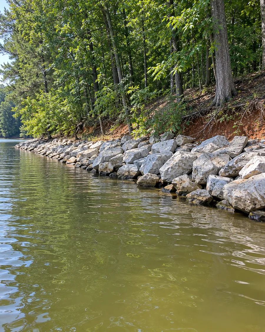 Gray quarry stone laid along the base of a wooded lake bank at the waterline
