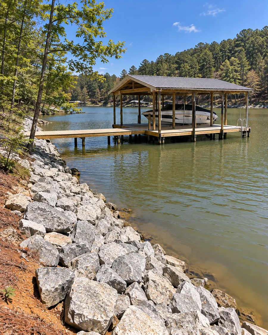 A new wooden dock with a covered boat slip extending from a lake shore