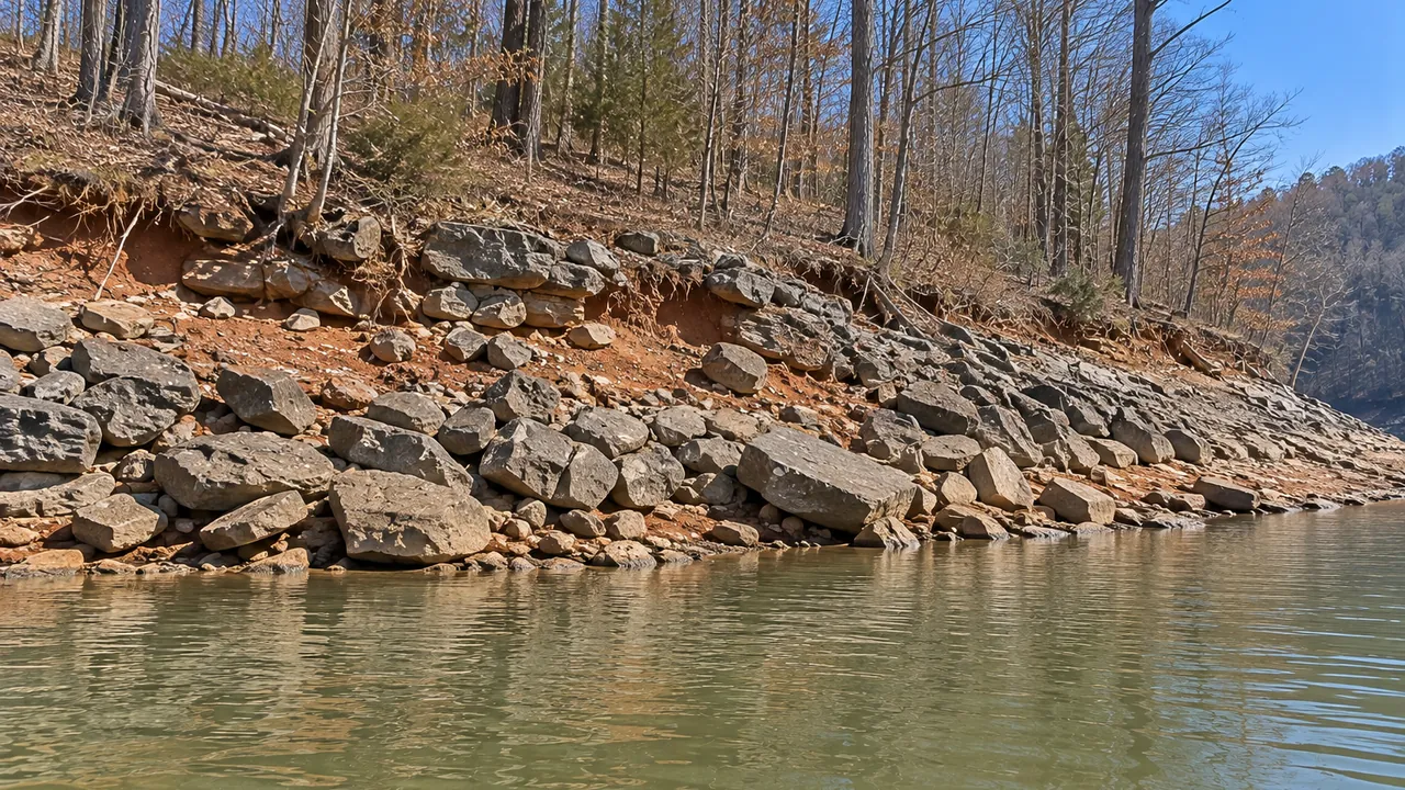 Older riprap stones scattered down a lake bank at low water, with bare soil showing between them