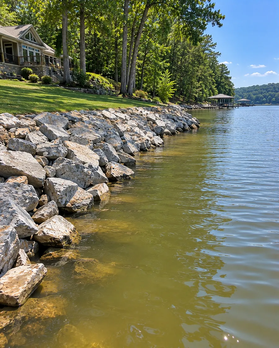 A run of gray quarry stone along a lake bank below a lawn and house