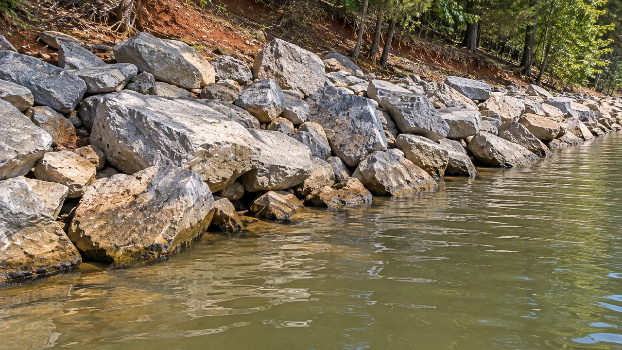 Close view of angular gray riprap stones meeting the water at the base of a bank