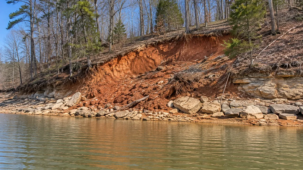 A section of lake bank slumped toward the water, with bare soil exposed above a lowered waterline