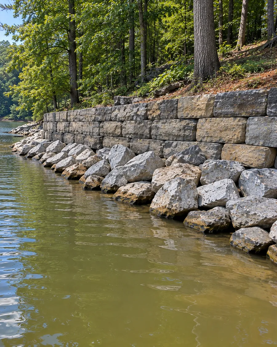 A stacked stone block wall along a lake shore with a row of riprap stone at its base in the water