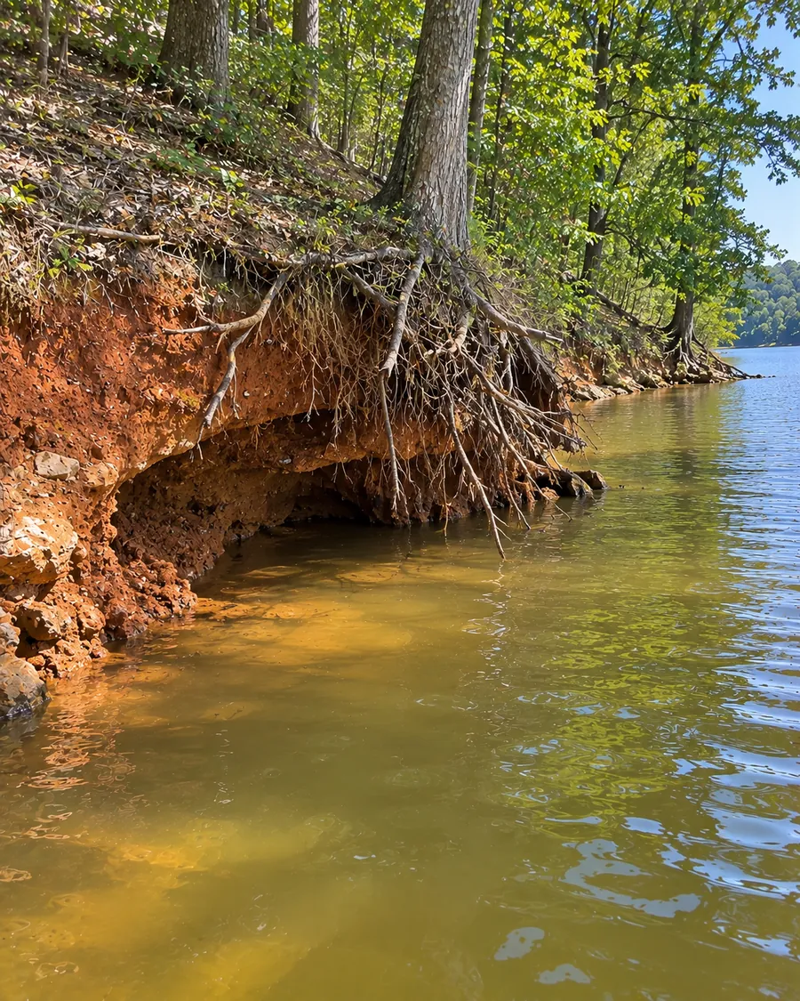 A red clay lake bank hollowed out at water level, with tree roots hanging over the gap