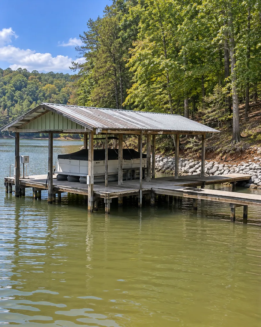 A weathered covered boat dock with a metal roof on a wooded lake shore